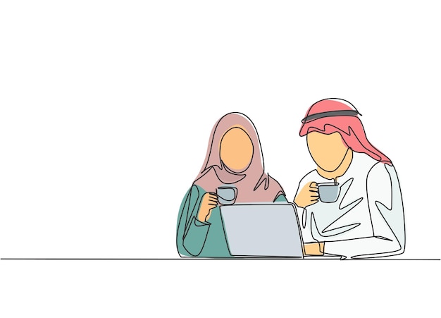 Una sola línea que dibuja a trabajadores musulmanes y muslimah discutiendo en la oficina vector árabe del Medio Oriente