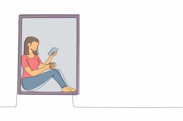 Una sola mujer dibujando una línea sentada en un alféizar de la ventana con café y disfrutando de la ilustración del tiempo de descanso