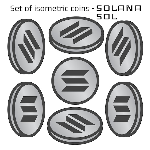 Solana SOL conjunto de monedas simples en vista isométrica en blanco y negro aislado en blanco Ilustración vectorial
