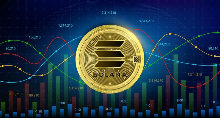 Vector solana sol moneda oro criptomoneda blockchain gráfico digital números de acciones arriba abajo es fondo