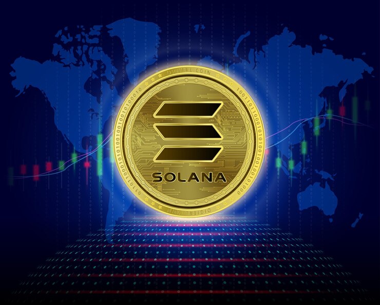 Vector solana sol símbolo de moneda digital moderna dinero de oro cryptocurrency blockchain moneda alternativa