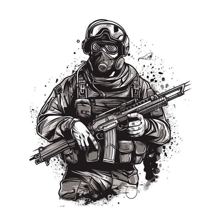 un, soldado, con, arma de fuego, vector, illustraion