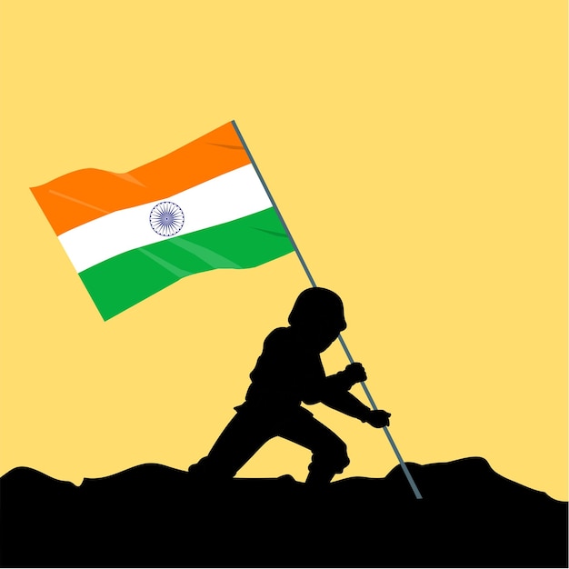 Soldado con bandera de la India en la cima de la colina Ilustración vectorial