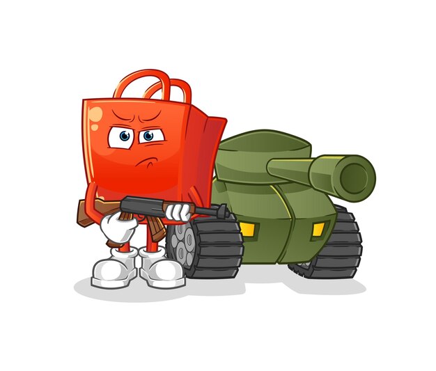 Soldado de bolsa de compras con carácter de tanque. vector de mascota de dibujos animados