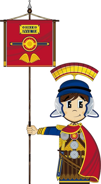 Soldado de centurión romano de dibujos animados lindo con ilustración de historia de bandera de bandera