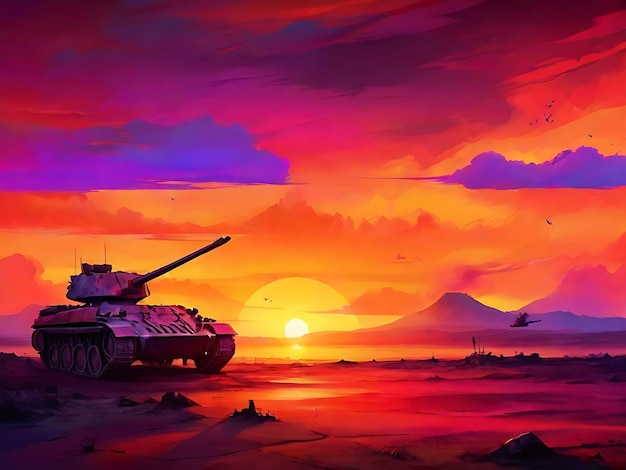 Vector soldado contra el vector de fondo del paisaje del atardecer