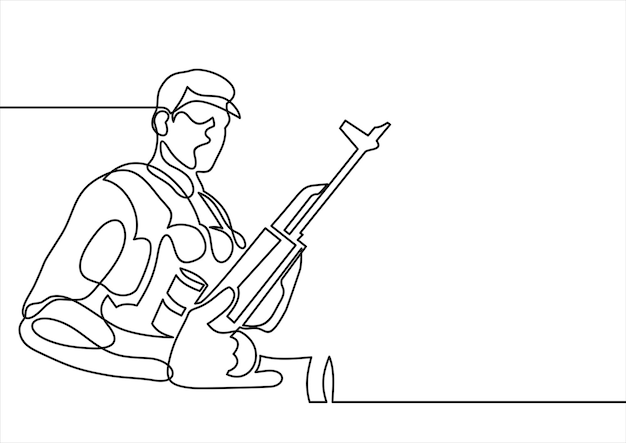 Soldado con dibujo de línea continua de armas