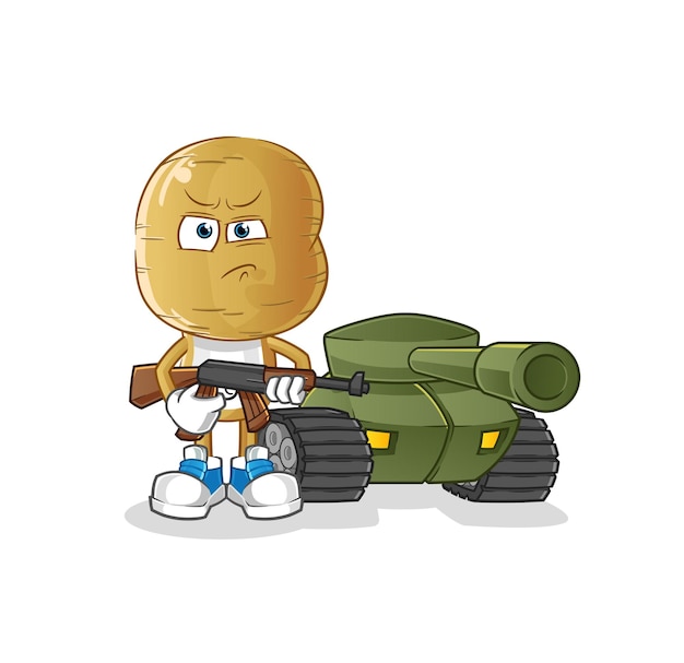 Soldado de dibujos animados cabeza de patata con carácter de tanque. vector de dibujos animados