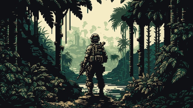 Soldado del ejército en el bosque Ilustración vectorial en un estilo plano