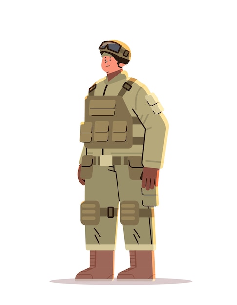 Soldado del ejército en casco comouflage y chaleco salvavidas concepto de celebración del día del trabajo feliz ilustración vectorial vertical de longitud completa