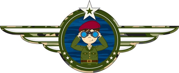 Vector soldado del ejército de dibujos animados con ilustración de historia militar de binoculares