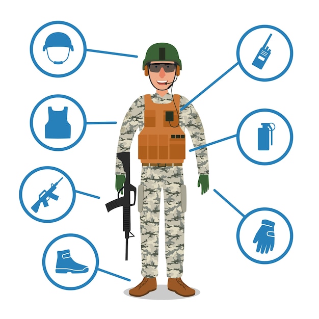Vector soldado del ejército con equipo militar. casco, radio, pistola, granada, chaleco de kevlar a prueba de balas