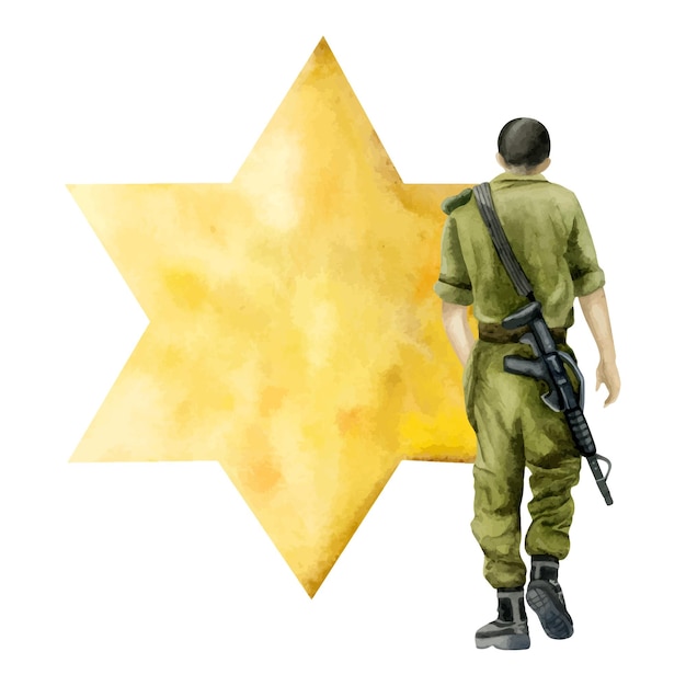 Vector soldado del ejército judío de israel con un rifle de oro estrella amarilla de david ilustración día de conmemoración