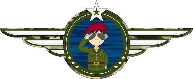 Soldado del ejército saludando de dibujos animados en gafas de sol Ilustración de historia militar