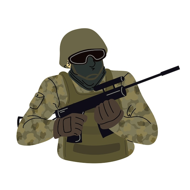 Soldado del ejército en uniforme de combate de camuflaje apuntando un arma Retrato en estilo de dibujos animados plano aislado