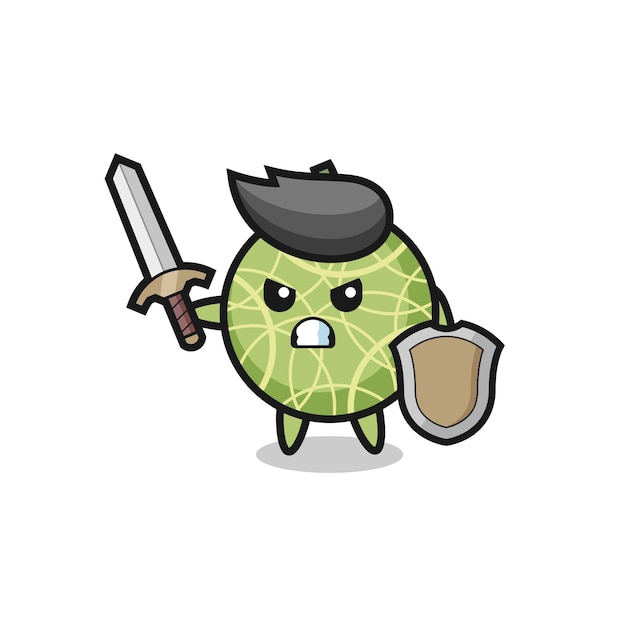 Soldado de fruta de melón lindo luchando con espada y escudo