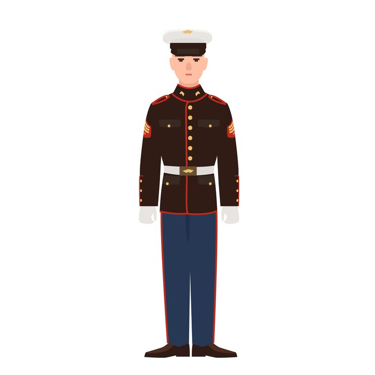 Vector soldado de las fuerzas armadas de estados unidos vistiendo uniforme de desfile y gorra. militar estadounidense, sargento o soldado de infantería aislado sobre fondo blanco. personaje de dibujos animados masculino. ilustración de vector plano colorido.