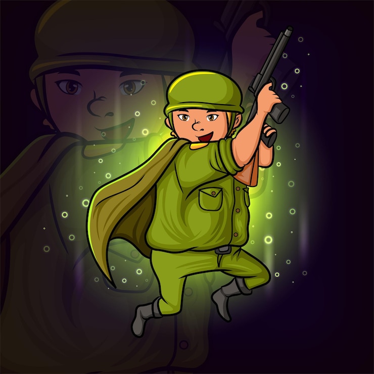 Vector el soldado genial con el diseño de la mascota de la pistola esport de la ilustración.