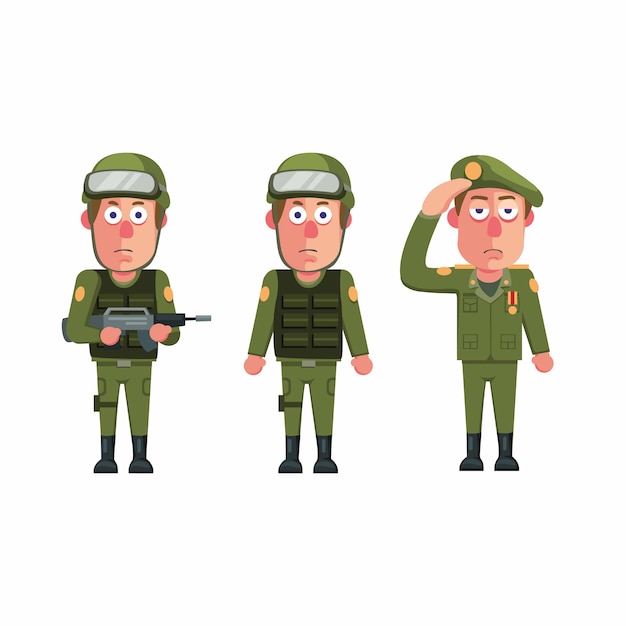 Soldado del hombre del ejército uniforme carácter conjunto de iconos concepto en dibujos animados