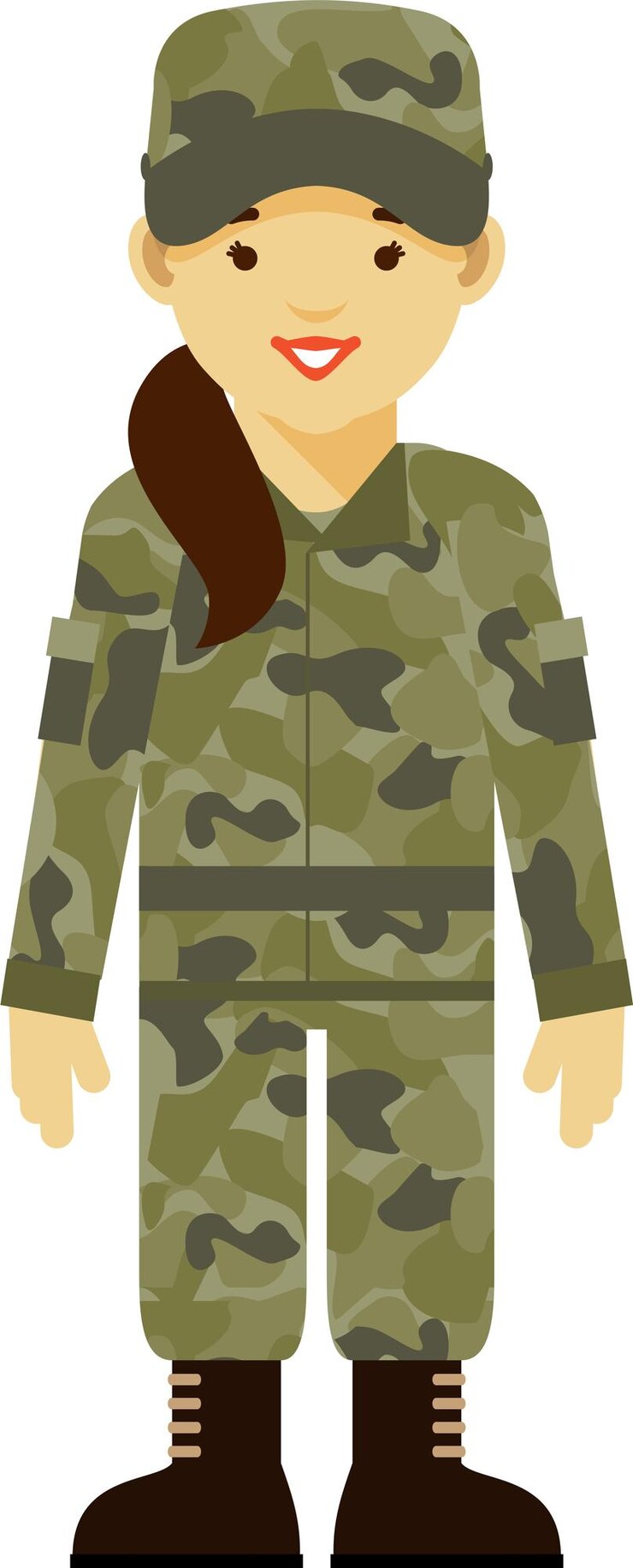 Vector soldado joven de pie con uniforme militar de camuflaje y casco de estilo plano