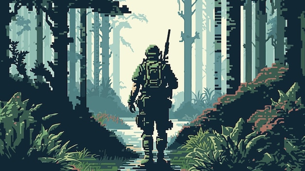 Soldado en la jungla ilustración vectorial de un hombre con una mochila en la jungla