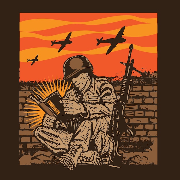 Vector soldado leyendo un libro ilustración de guerra