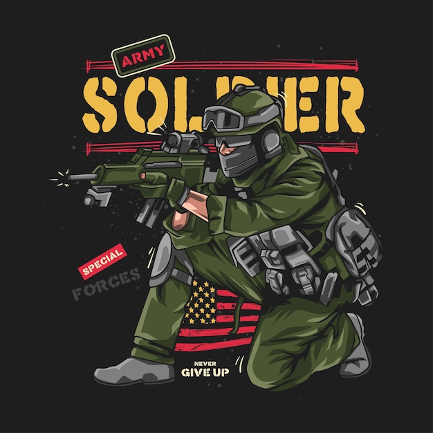 Soldado masculino está apuntando arma ilustración vectorial de patriotismo