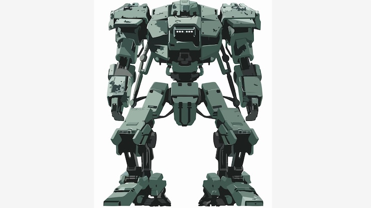Vector el soldado mech futurista de pie sobre un fondo blanco