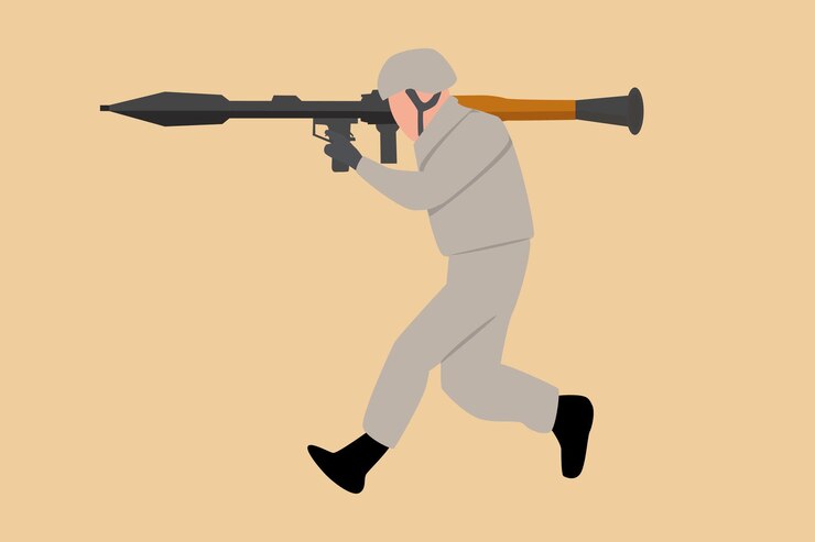 Vector un soldado de pie mientras apunta a un objetivo con una ilustración de cohete