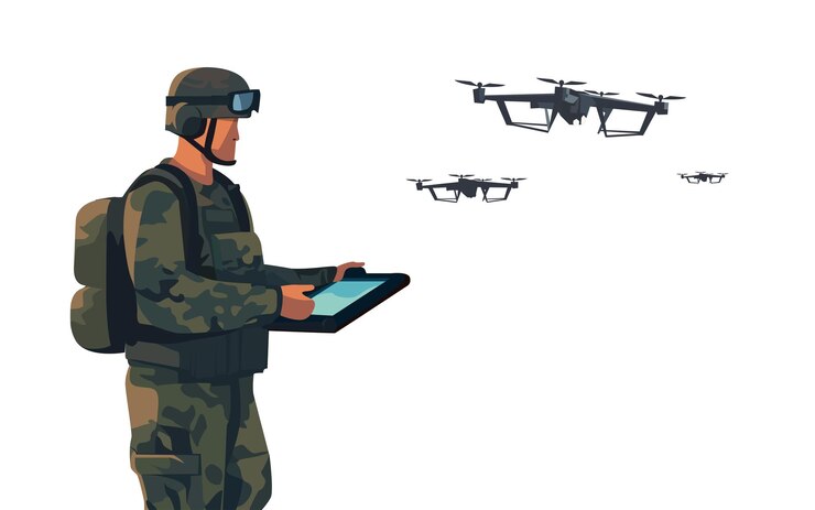 Vector soldado que opera un quadrocóptero volador aislado tecnología moderna hombre militar del ejército con controles de tableta ilustración vectorial