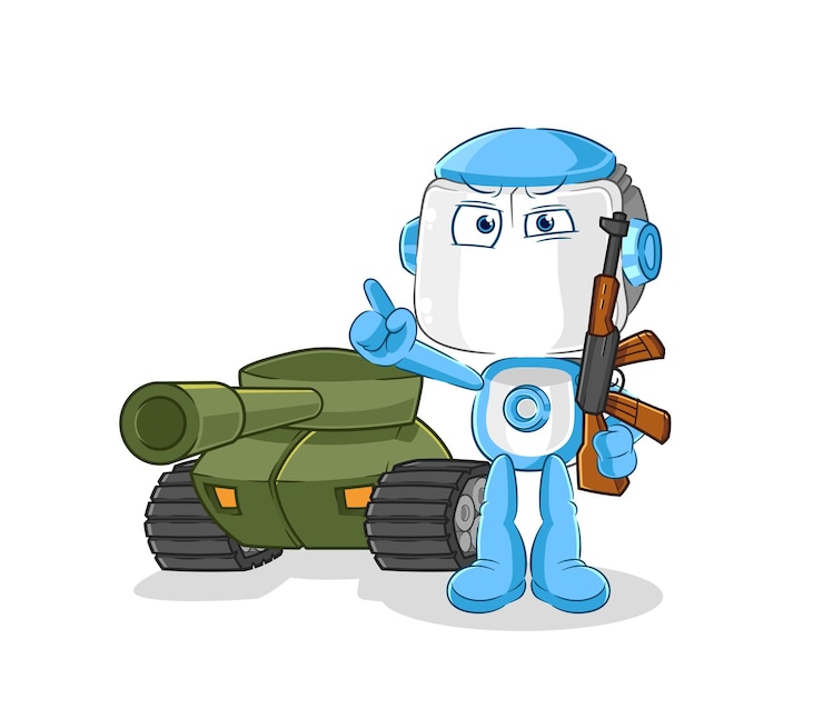 Vector soldado robot humanoide con vector de mascota de dibujos animados de personaje de tanque