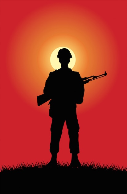 Vector soldado con silueta de figura de rifle en la escena del atardecer