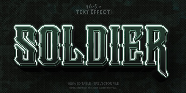 Vector soldado texto estilo militar efecto de texto editable de color verde sobre fondo de camuflaje grunge oscuro