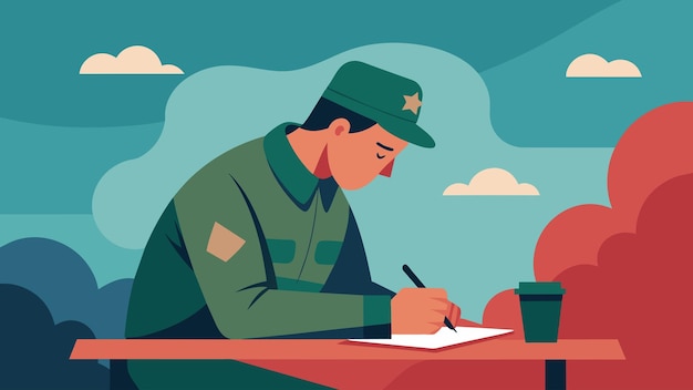 Un soldado se toma un momento durante un descanso en el entrenamiento para escribir a sus padres lejos de casa, pero
