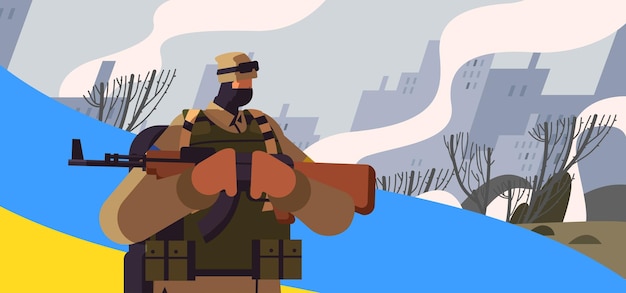 Soldado ucraniano en armadura de cuerpo completo defensor ucraniano forzado especial en ropa militar fuerzas armadas de ucrania detener la guerra concepto paisaje fondo horizontal vector ilustración