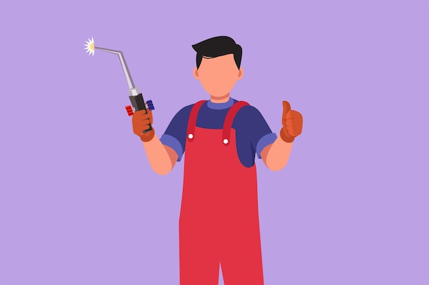 Soldador masculino activo de dibujo plano de carácter sostiene una herramienta de soldadura con gesto de pulgar hacia arriba trabajando en la construcción de un edificio que forma un marco de acero que se derrite por el fuego Ilustración de vector de diseño de dibujos animados