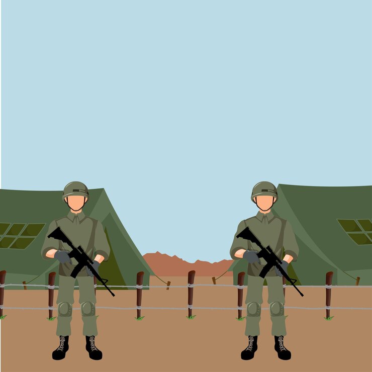 Vector soldados con armas en el campo ilustración vectorial en estilo plano