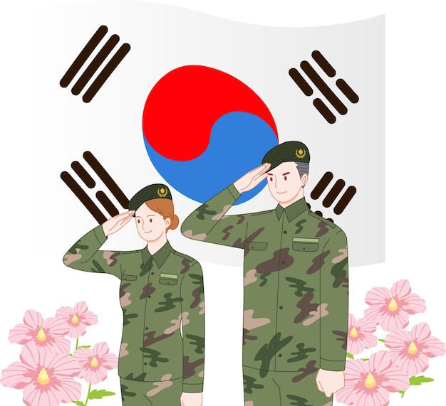 Los soldados coreanos saludan el patriotismo taegukgi día conmemorativo mugunghwa