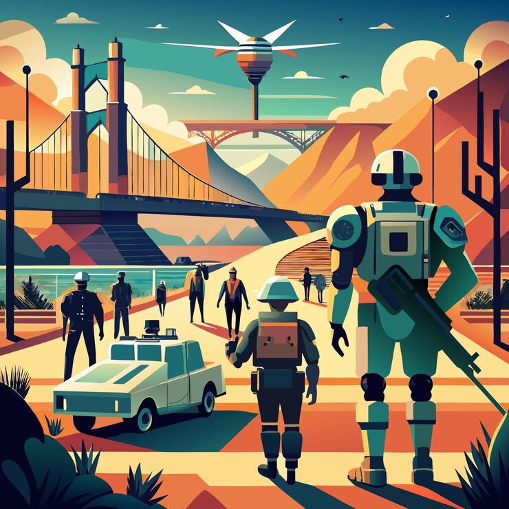 Vector soldados futuristas patrullan un puente en un colorido paisaje desértico