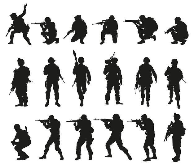 Soldados uniformados con pistolas y ametralladoras sobre un fondo blanco.