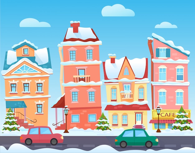 Soleado de dibujos animados lindo calle de la ciudad en invierno. Edificios de dibujos animados