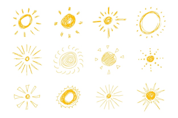 Soles dibujados a mano. Gran conjunto de soles de dibujo simple. Símbolo solar. Doodle amarillo aislado sobre fondo blanco. Ilustración vectorial.