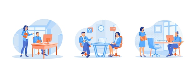 El solicitante de empleo se reúne con el gerente Discuta las asignaciones de trabajo Entrevista de trabajo con un líder de recursos humanos Concepto de entrevista de trabajo Establezca una ilustración de vector plano