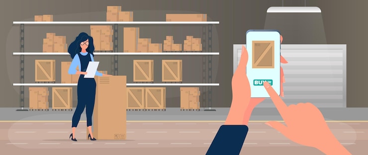 Vector solicitar un paquete por teléfono. pedidos en línea de productos en stock.