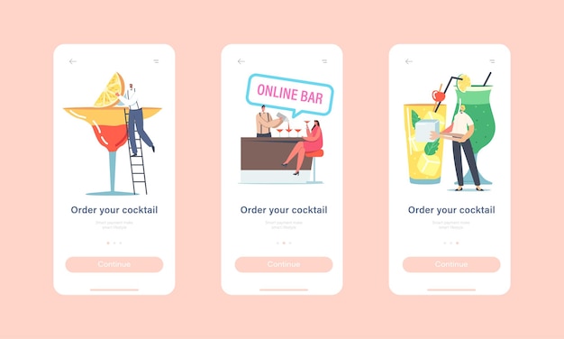 Solicite la plantilla de pantalla integrada de la página de la aplicación móvil cocktail. personas bebiendo bebidas frías. los personajes eligen bebidas