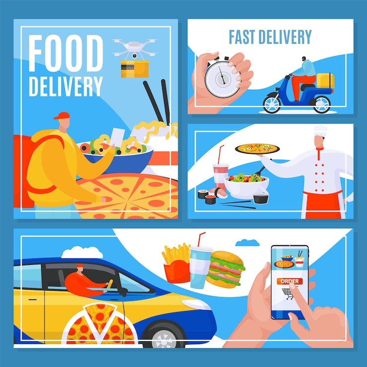 Vector solicite el servicio de entrega de alimentos en línea, rápidamente a la puerta, pancartas, ilustración. mensajero entregando comida de restaurante. chef cocinando y repartidor en el coche, ordenando por aplicación telefónica.