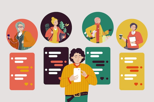 Solicitud de fecha, niño mantenga el teléfono inteligente en la mano, ilustración. Aplicación de comunicación para citas y encontrar pareja en internet.