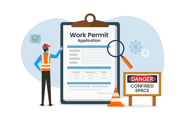 Solicitud de permiso de trabajo Concepto de empleo de trabajo con señal de seguridad en espacios confinados