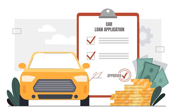 Vector solicitud de préstamo de automóvil documento conceptual de financiación de automóvil junto a monedas de oro solicitud de préstamo para automóvil