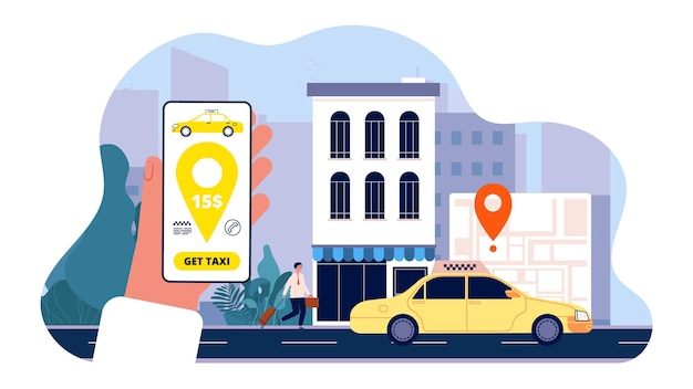 Solicitud de taxi en línea Aplicación de teléfono inteligente Mano que sujeta el teléfono y presione el botón para llamar a la aplicación de taxi Concepto de vector de coche turístico y amarillo